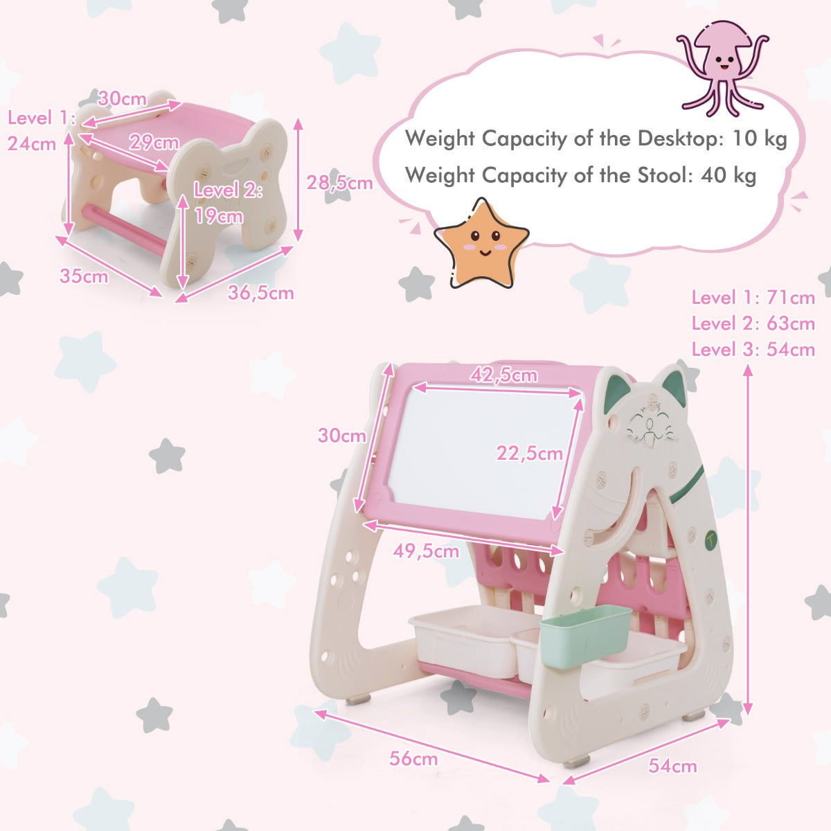 LIVSK 3-in-1 Kinderkunst Schildersezel - Boekenstandaard, Bureau, Schilderbord - Ergonomische Kruk - Inclusief Stiften - Roze +
