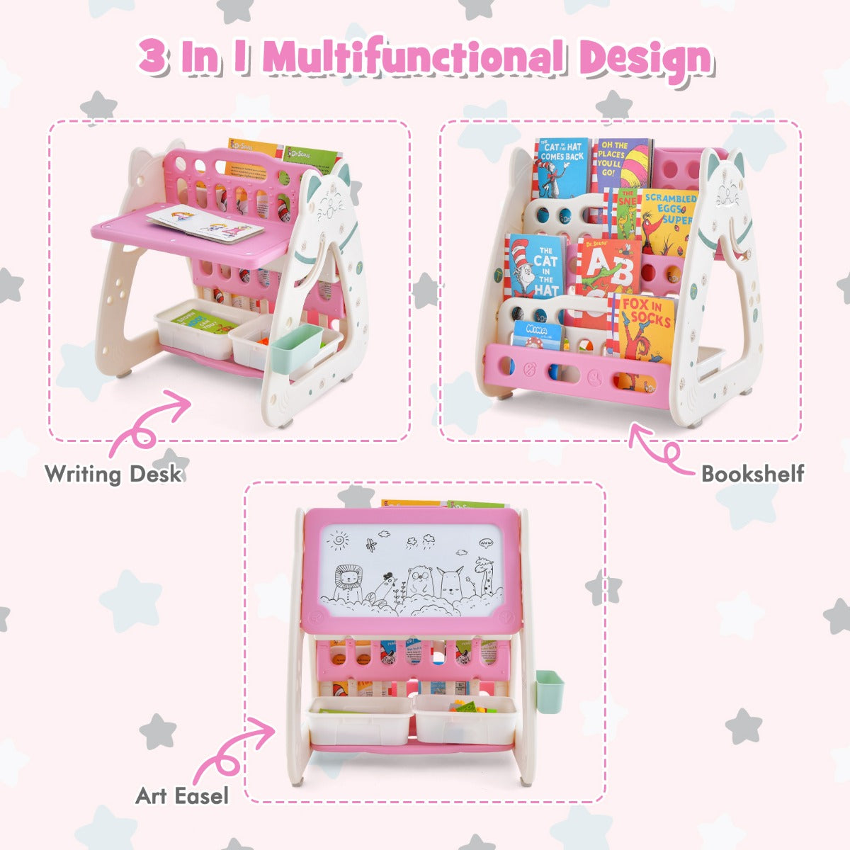 LIVSK 3-in-1 Kinderkunst Schildersezel - Boekenstandaard, Bureau, Schilderbord - Ergonomische Kruk - Inclusief Stiften - Roze +