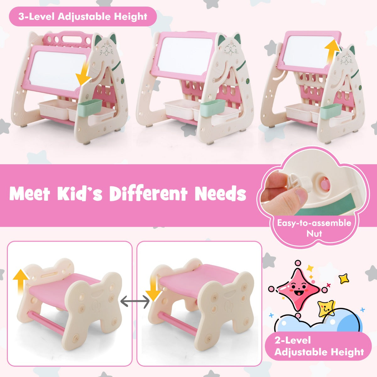 LIVSK 3-in-1 Kinderkunst Schildersezel - Boekenstandaard, Bureau, Schilderbord - Ergonomische Kruk - Inclusief Stiften - Roze +