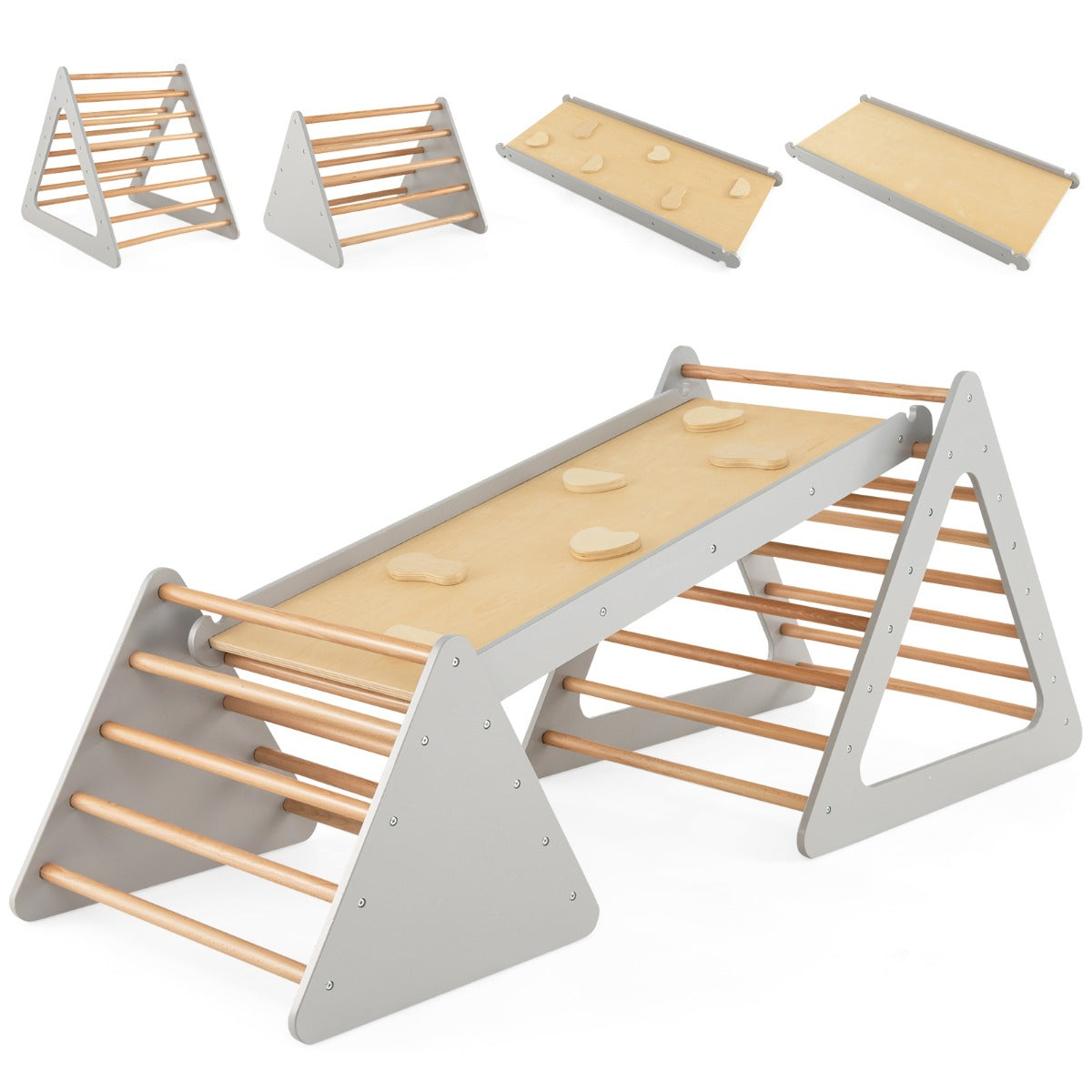 LIVSK 3-in-1 Klimset - 2 Driehoekige Ladders en Klimhelling - Stimuleert Motoriek - Veilig Houten Constructie - Tot 60 kg - Natuur