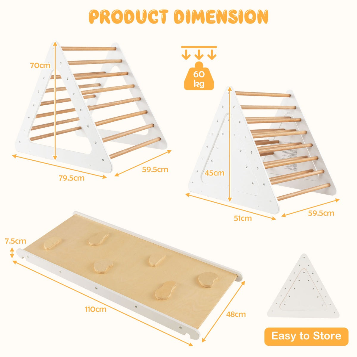 LIVSK 3-in-1 Klimset met Dubbelzijdige Hellingsbaan - 2 Driehoekige Ladders - Stabiele Houten Constructie - Voor Kinderen vanaf 3