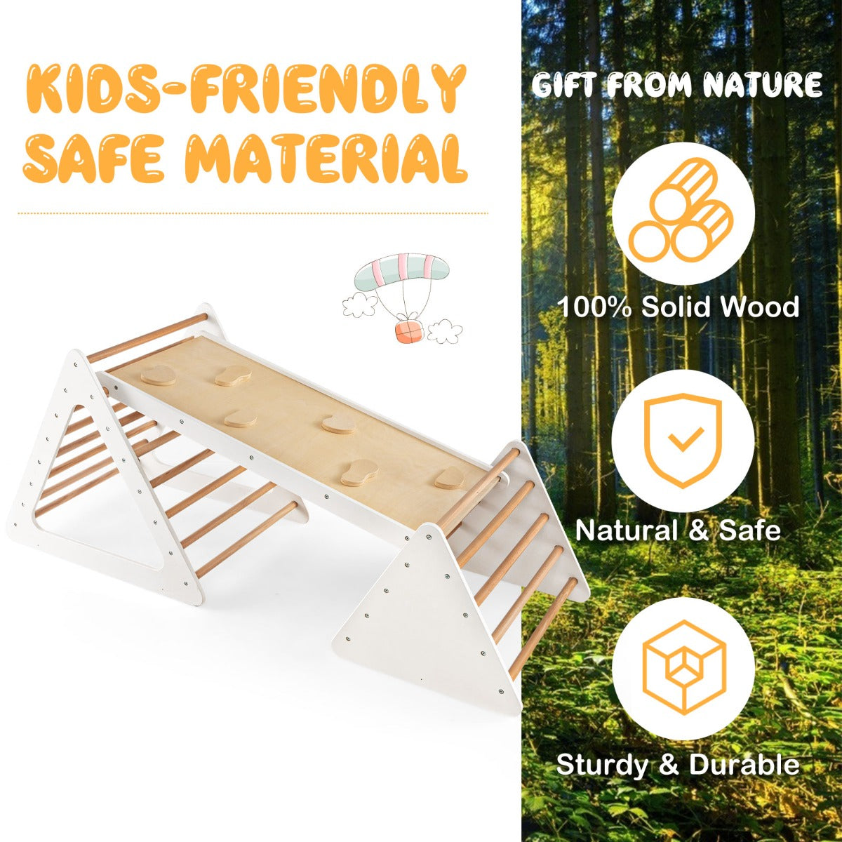 LIVSK 3-in-1 Klimset met Dubbelzijdige Hellingsbaan - 2 Driehoekige Ladders - Stabiele Houten Constructie - Voor Kinderen vanaf 3