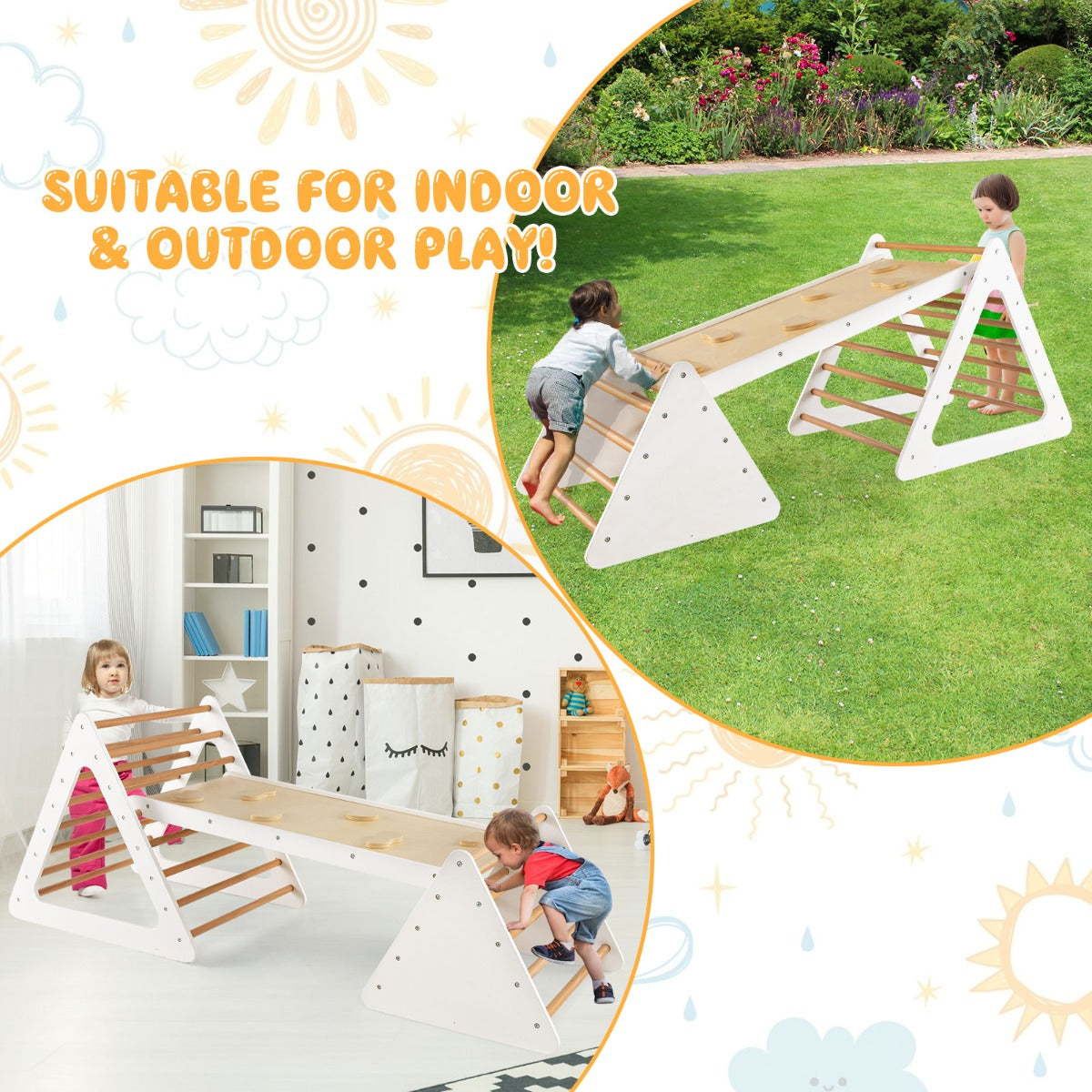 LIVSK 3-in-1 Klimset met Dubbelzijdige Hellingsbaan - 2 Driehoekige Ladders - Stabiele Houten Constructie - Voor Kinderen vanaf 3