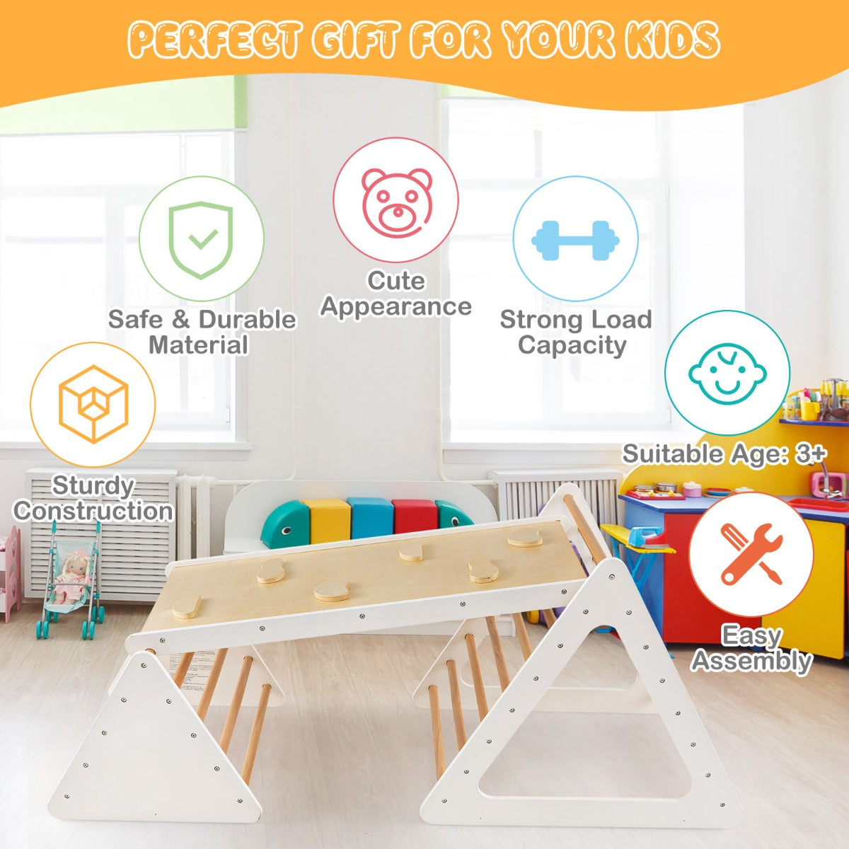 LIVSK 3-in-1 Klimset met Dubbelzijdige Hellingsbaan - 2 Driehoekige Ladders - Stabiele Houten Constructie - Voor Kinderen vanaf 3