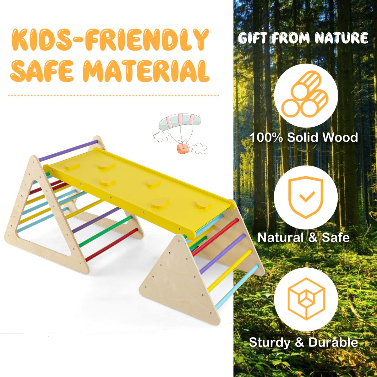 LIVSK 3-in-1 Klimspellen Set - 2 Driehoekige Ladders en Hellingbaan - Massief Hout - Kindvriendelijke Verf - Veilig Speelplezier