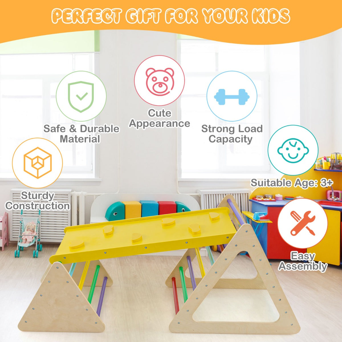 LIVSK 3-in-1 Klimspellen Set - 2 Driehoekige Ladders en Hellingbaan - Massief Hout - Kindvriendelijke Verf - Veilig Speelplezier