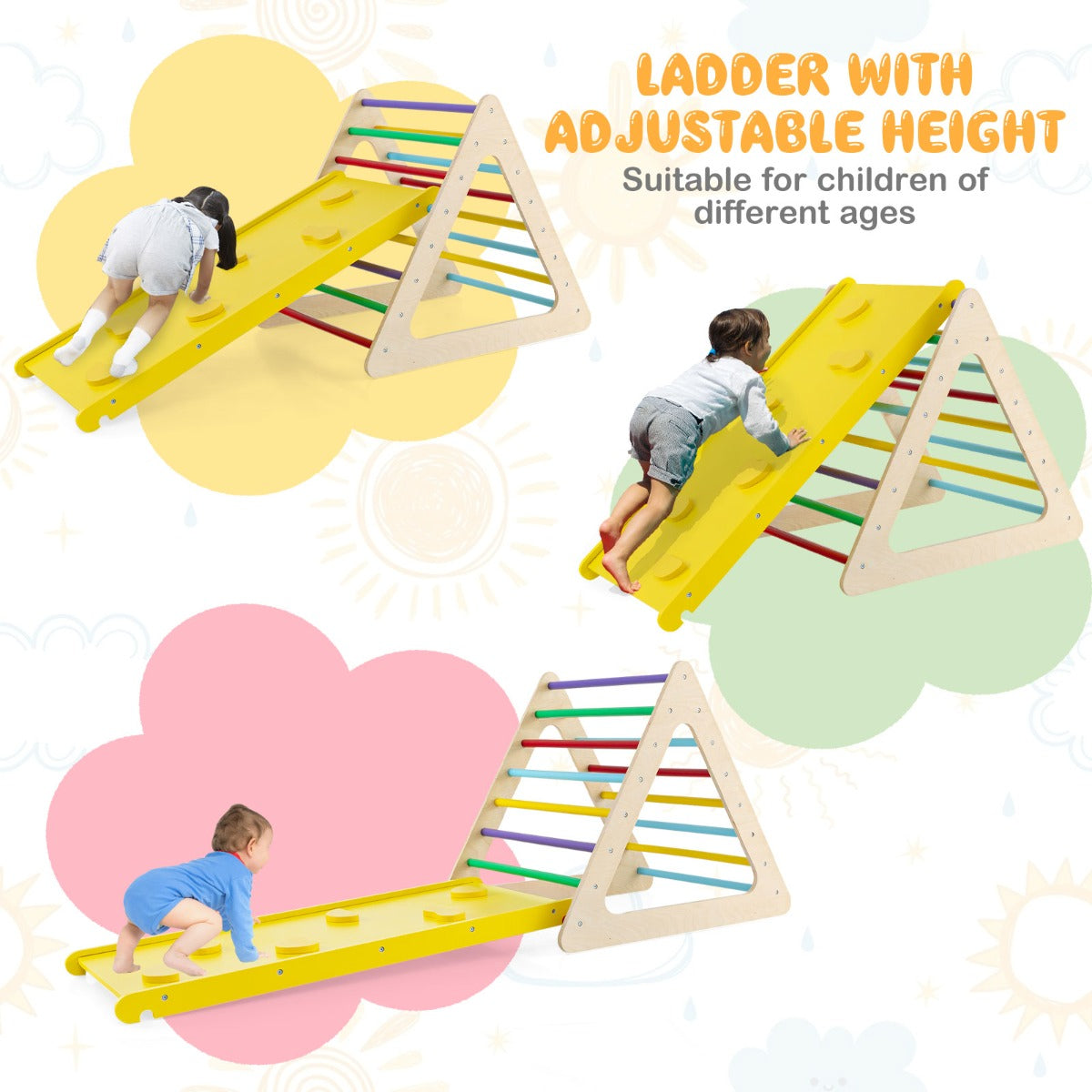 LIVSK 3-in-1 Klimspellen Set - 2 Driehoekige Ladders en Hellingbaan - Massief Hout - Kindvriendelijke Verf - Veilig Speelplezier