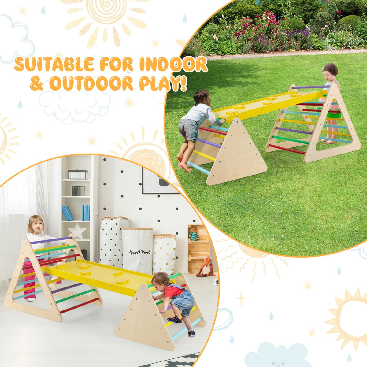 LIVSK 3-in-1 Klimspellen Set - 2 Driehoekige Ladders en Hellingbaan - Massief Hout - Kindvriendelijke Verf - Veilig Speelplezier