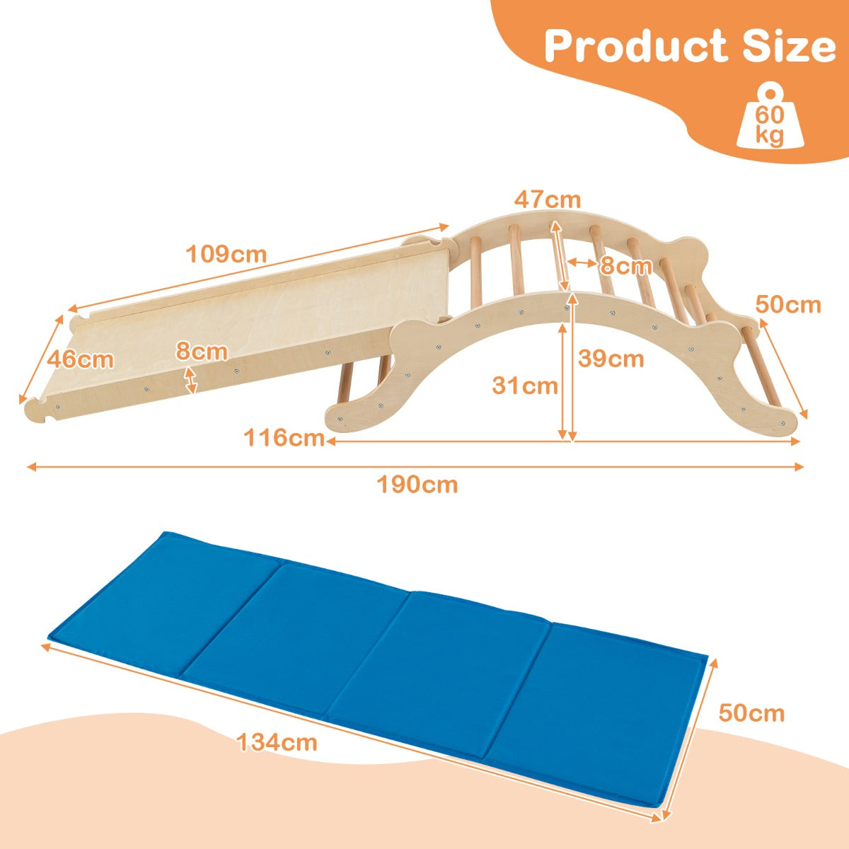 LIVSK 3-in-1 Klimset - Speelgoed voor Kinderen - Veilig en Duurzaam Hout - Tot 60 kg - Inclusief Mat - 116 x 50 x 39 cm - Naturel