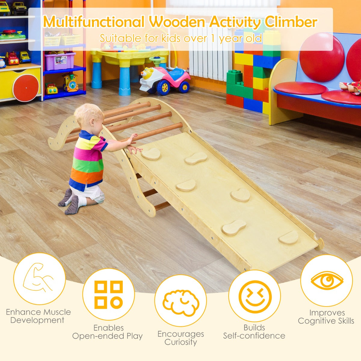 LIVSK Multifunctionele Klimladder Set - 4-in-1 Speelset met Hellingbaan en Schommel - Duurzaam Hout - Tot 60 kg - Blauw