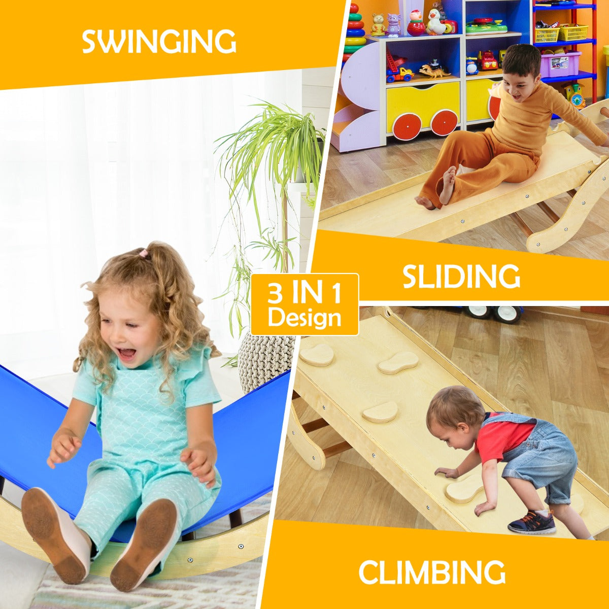 LIVSK Multifunctionele Klimladder Set - 4-in-1 Speelset met Hellingbaan en Schommel - Duurzaam Hout - Tot 60 kg - Blauw