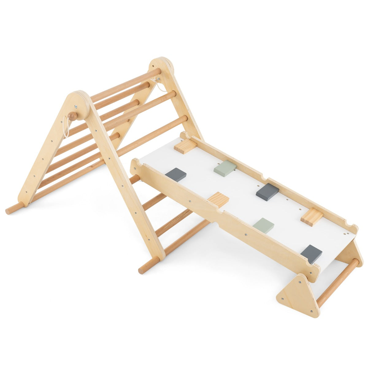 LIVSK 3-in-1 Klimrek voor Binnen - Verstelbare Klimdriehoek met Helling en Klimblokken - Hoogwaardig Hout - 115 x 69 x 59 cm -