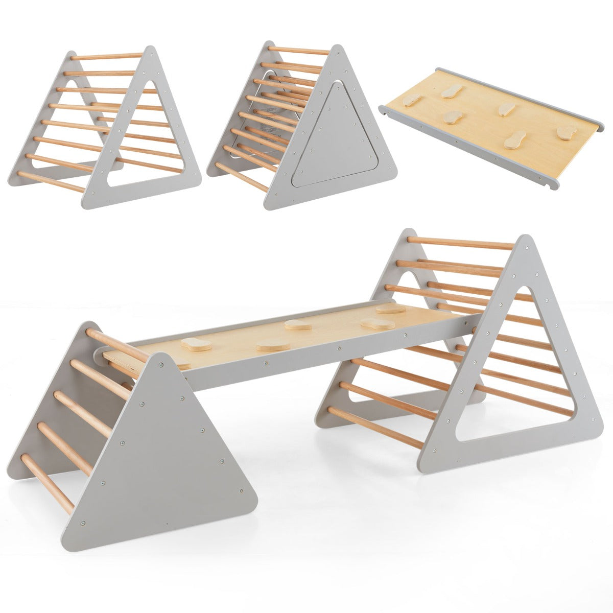 LIVSK 3-in-1 Klimset voor Kinderen - Dubbelzijdige Helling en Driehoekige Ladders - Veilig Hout - Tot 60 kg - Grijs