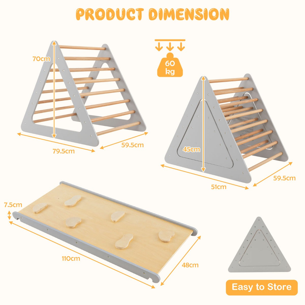 LIVSK 3-in-1 Klimset voor Kinderen - Dubbelzijdige Helling en Driehoekige Ladders - Veilig Hout - Tot 60 kg - Grijs