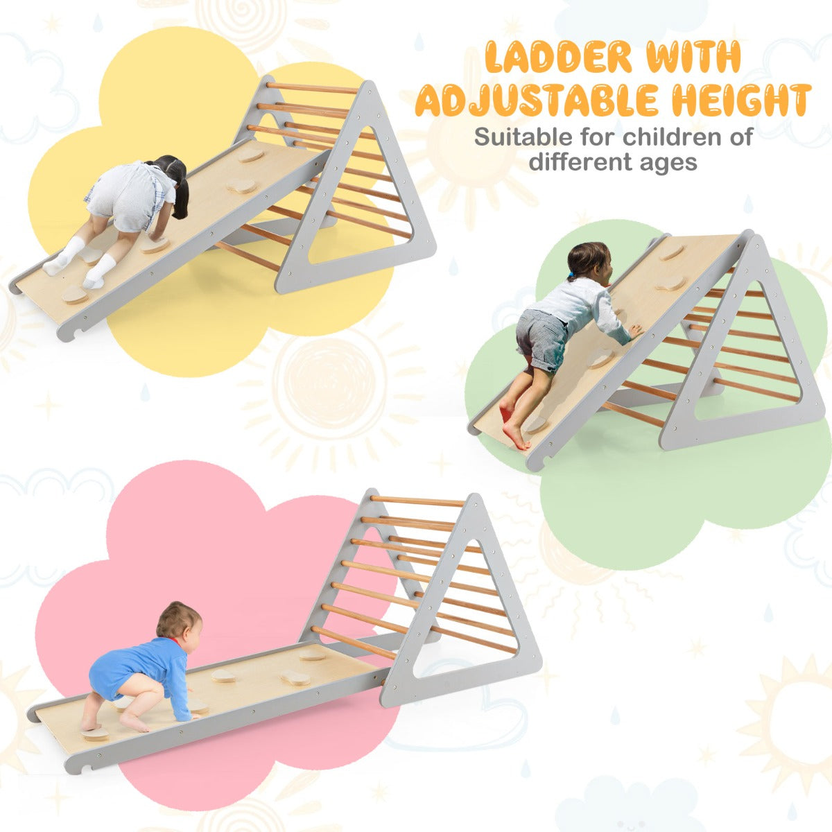 LIVSK 3-in-1 Klimset voor Kinderen - Dubbelzijdige Helling en Driehoekige Ladders - Veilig Hout - Tot 60 kg - Grijs