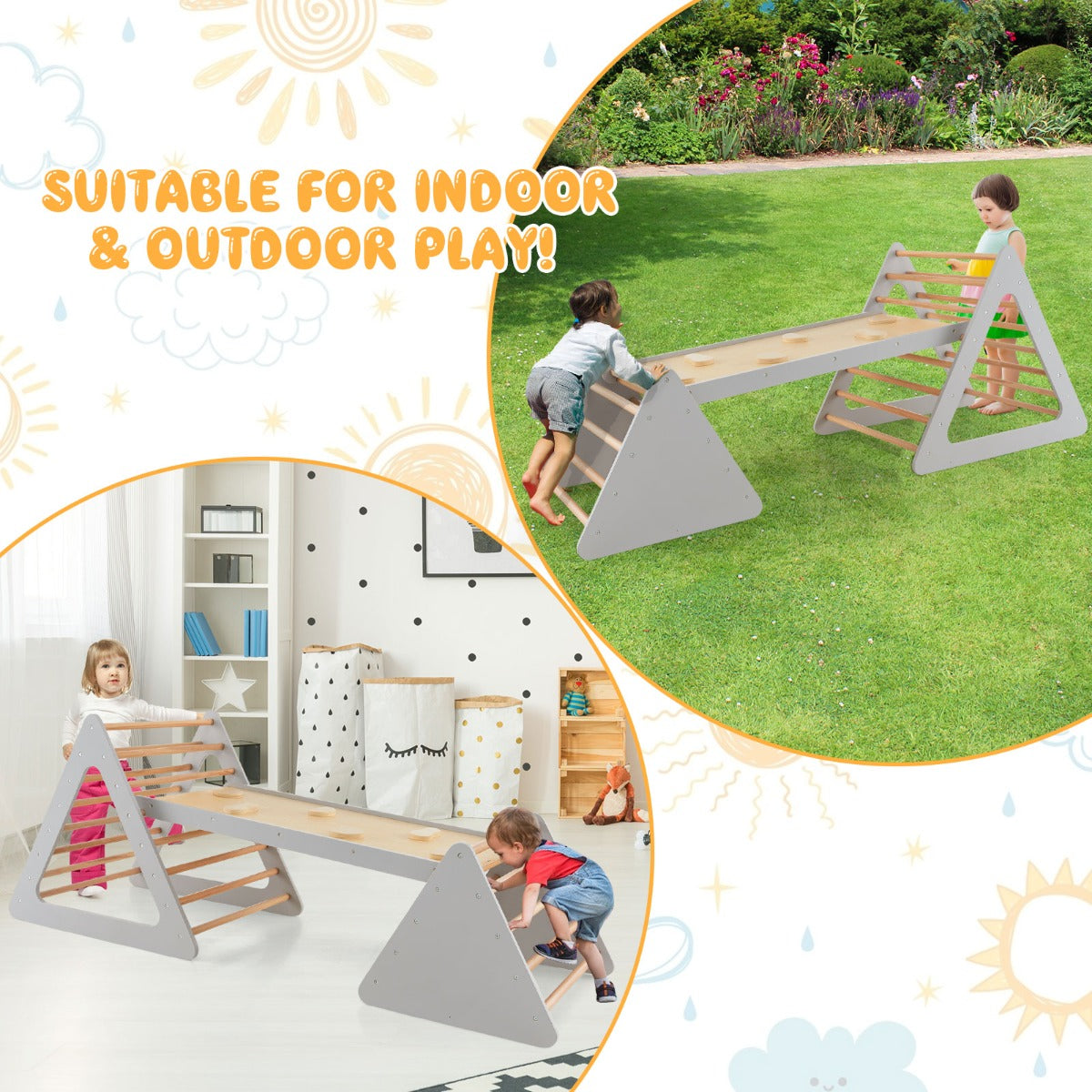 LIVSK 3-in-1 Klimset voor Kinderen - Dubbelzijdige Helling en Driehoekige Ladders - Veilig Hout - Tot 60 kg - Grijs