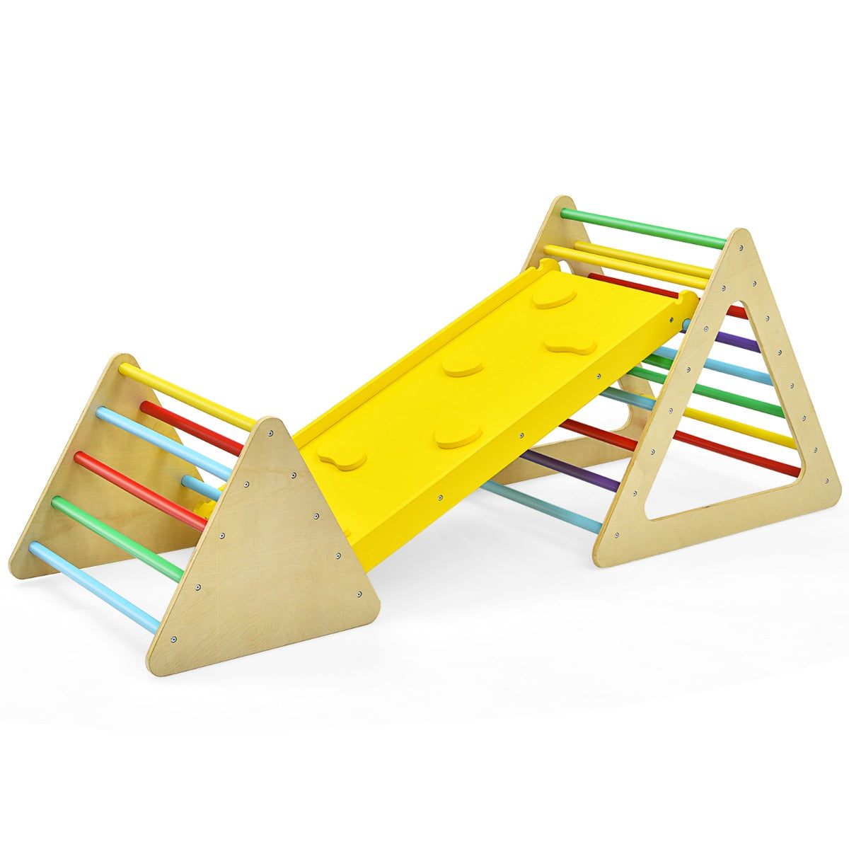 LIVSK 3-in-1 Klimdriehoek Ladder - Massief Hout - Stabiele Constructie - Voor Motoriek en Balans - Inclusief Glijbaan - Kleurrijk
