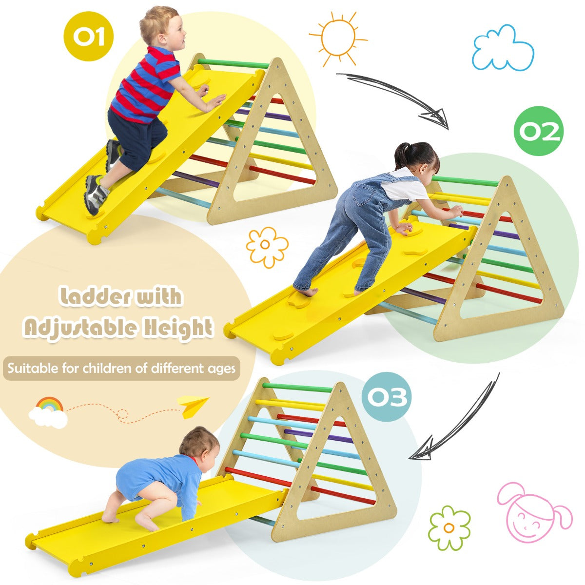 LIVSK 3-in-1 Klimdriehoek Ladder - Massief Hout - Stabiele Constructie - Voor Motoriek en Balans - Inclusief Glijbaan - Kleurrijk