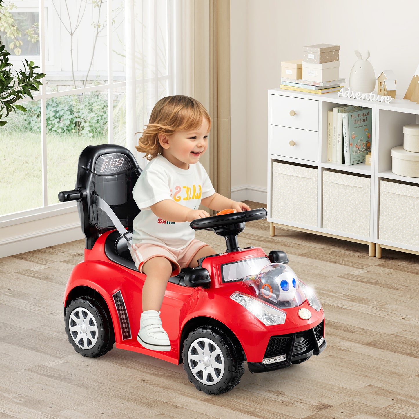 LIVSK 3-in-1 Loopauto met Duwstang - Veiligheidsgordel - Interactieve Knoppen - Opbergruimte - Voor 12-36 maanden - Rood