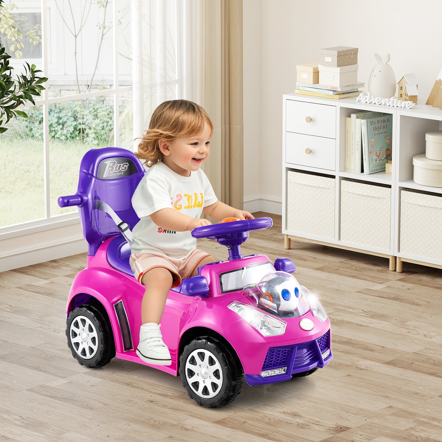 LIVSK 3-in-1 Loopauto - Realistisch Stuurwiel - Veiligheidskenmerken - Opbergruimte - Voor 1-2 jaar - Roze