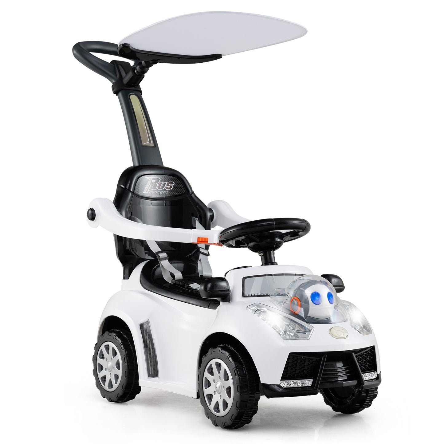 LIVSK 3-in-1 Loopwagen met Duwstang - Realistisch Stuurwiel - Veiligheidsgordel - Interactieve Knoppen - Wit