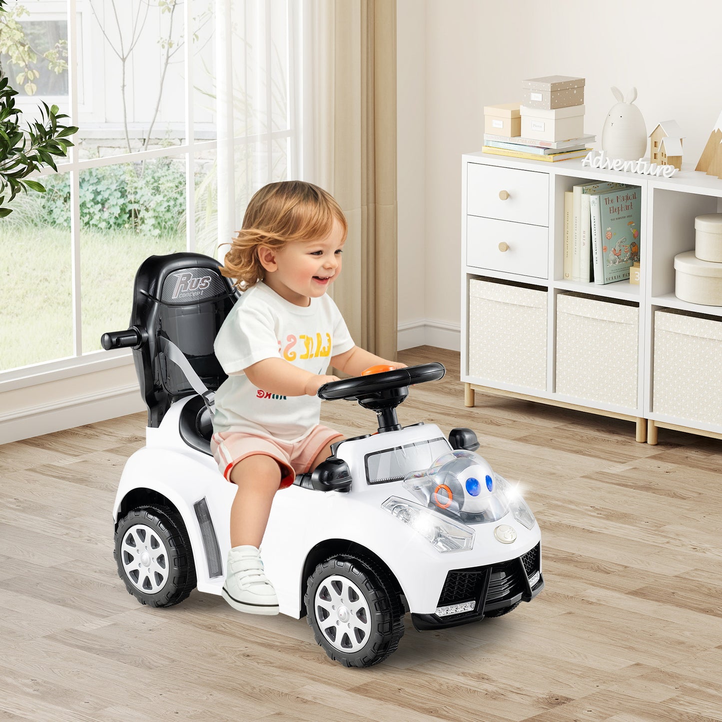 LIVSK 3-in-1 Loopwagen met Duwstang - Realistisch Stuurwiel - Veiligheidsgordel - Interactieve Knoppen - Wit