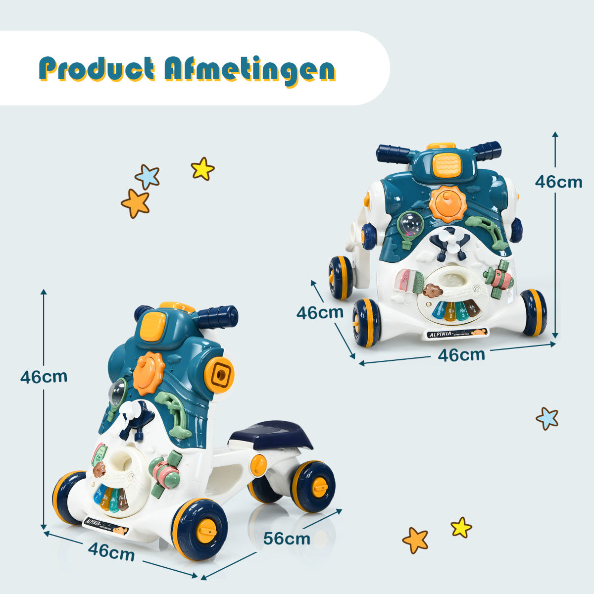 LIVSK 3-in-1 Multifunctionele Loopwagen - Duurzaam ABS en PP - Stabiliteit en Speelbord met Muziek - Voor 6-24 maanden - Blauw