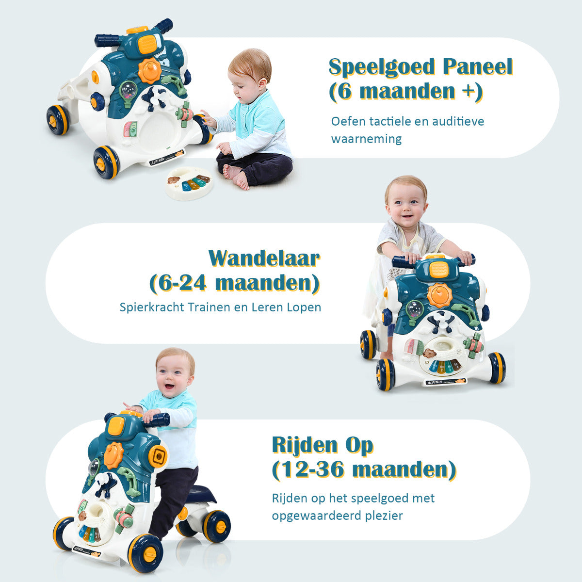 LIVSK 3-in-1 Multifunctionele Loopwagen - Duurzaam ABS en PP - Stabiliteit en Speelbord met Muziek - Voor 6-24 maanden - Blauw