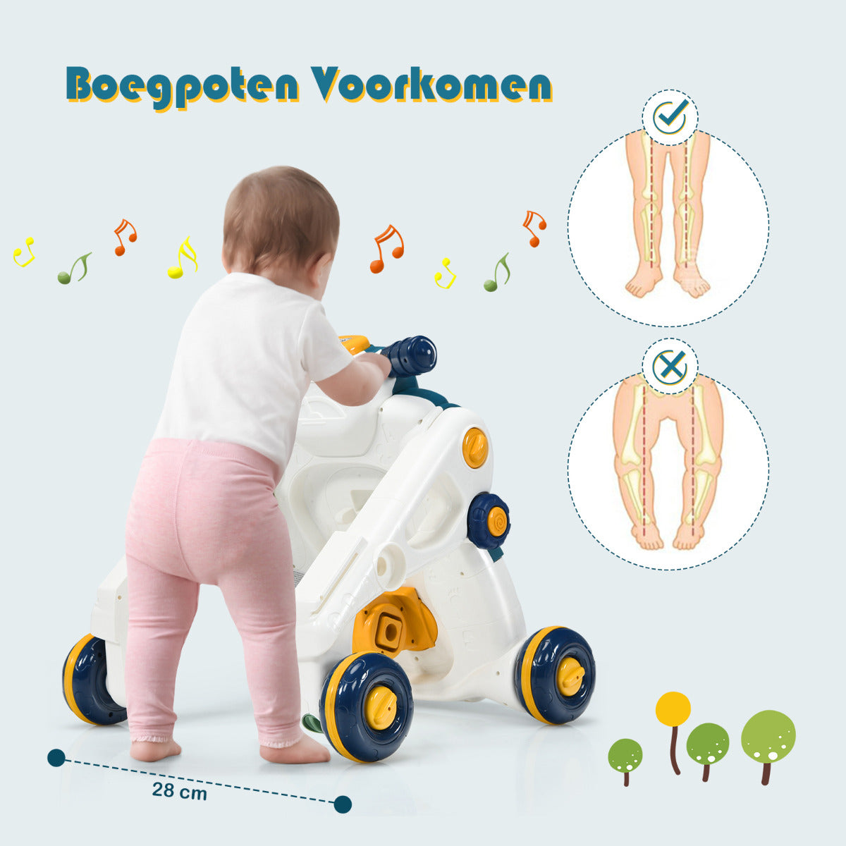 LIVSK 3-in-1 Multifunctionele Loopwagen - Duurzaam ABS en PP - Stabiliteit en Speelbord met Muziek - Voor 6-24 maanden - Blauw