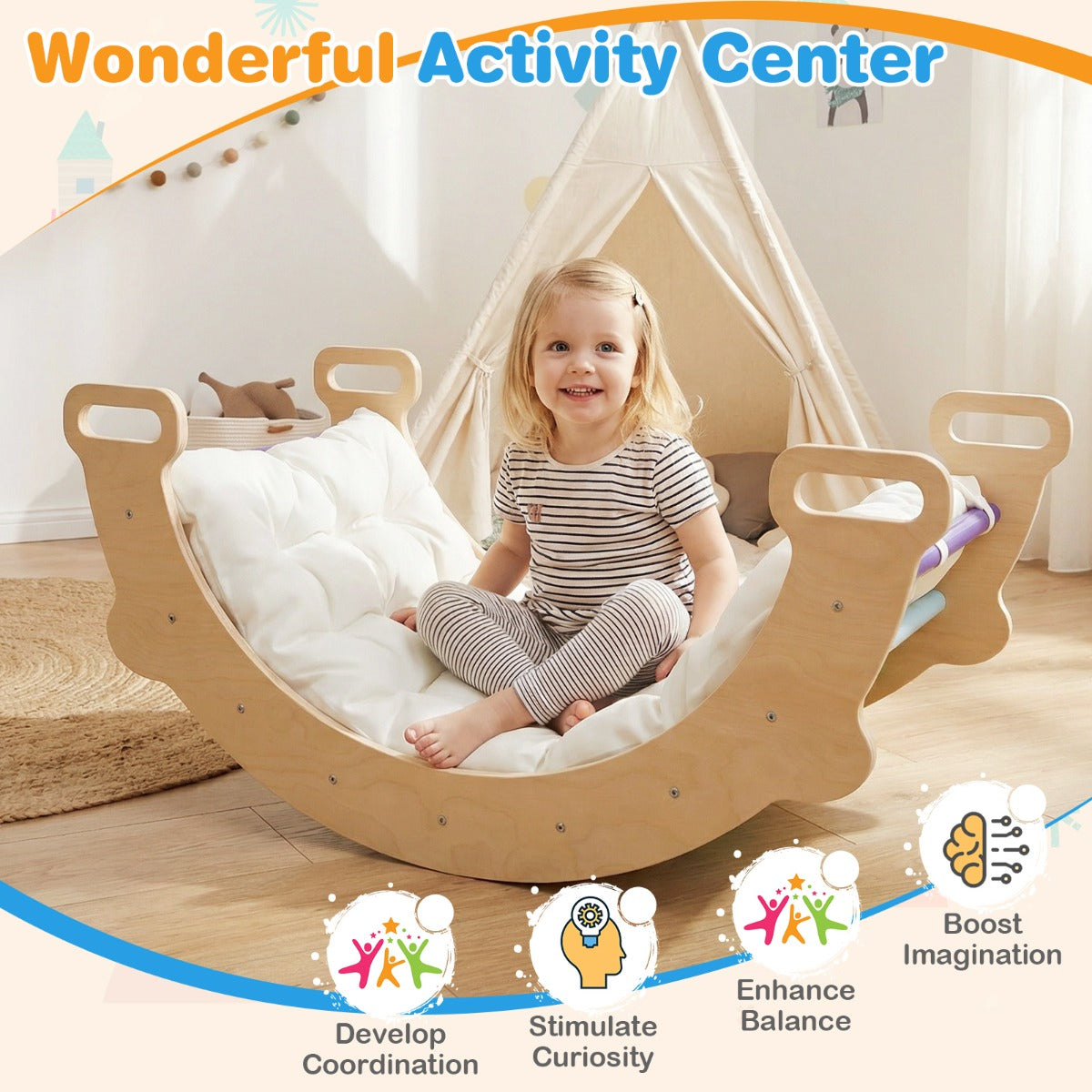 Livsk costway 3 in 1 montessori klimboog met kussens klimdriehoek om te schommelen en klimmen houten klimladder klimrek 6 1