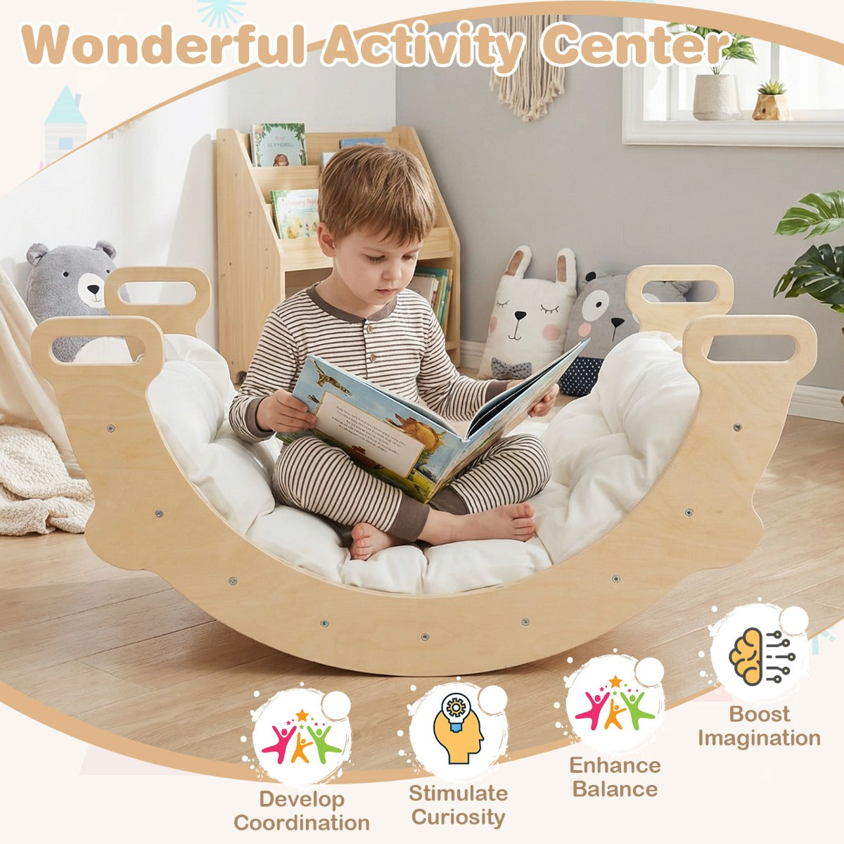 Livsk costway 3 in 1 montessori klimboog met kussens klimdriehoek om te schommelen en klimmen houten klimladder klimrek naturel 2