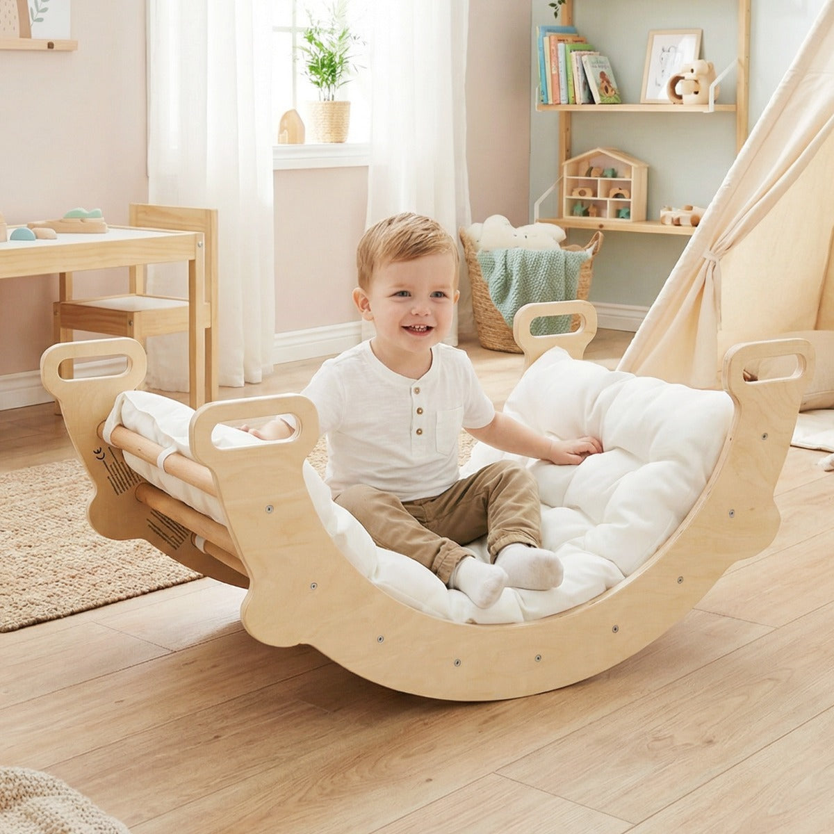 Livsk costway 3 in 1 montessori klimboog met kussens klimdriehoek om te schommelen en klimmen houten klimladder klimrek naturel 6