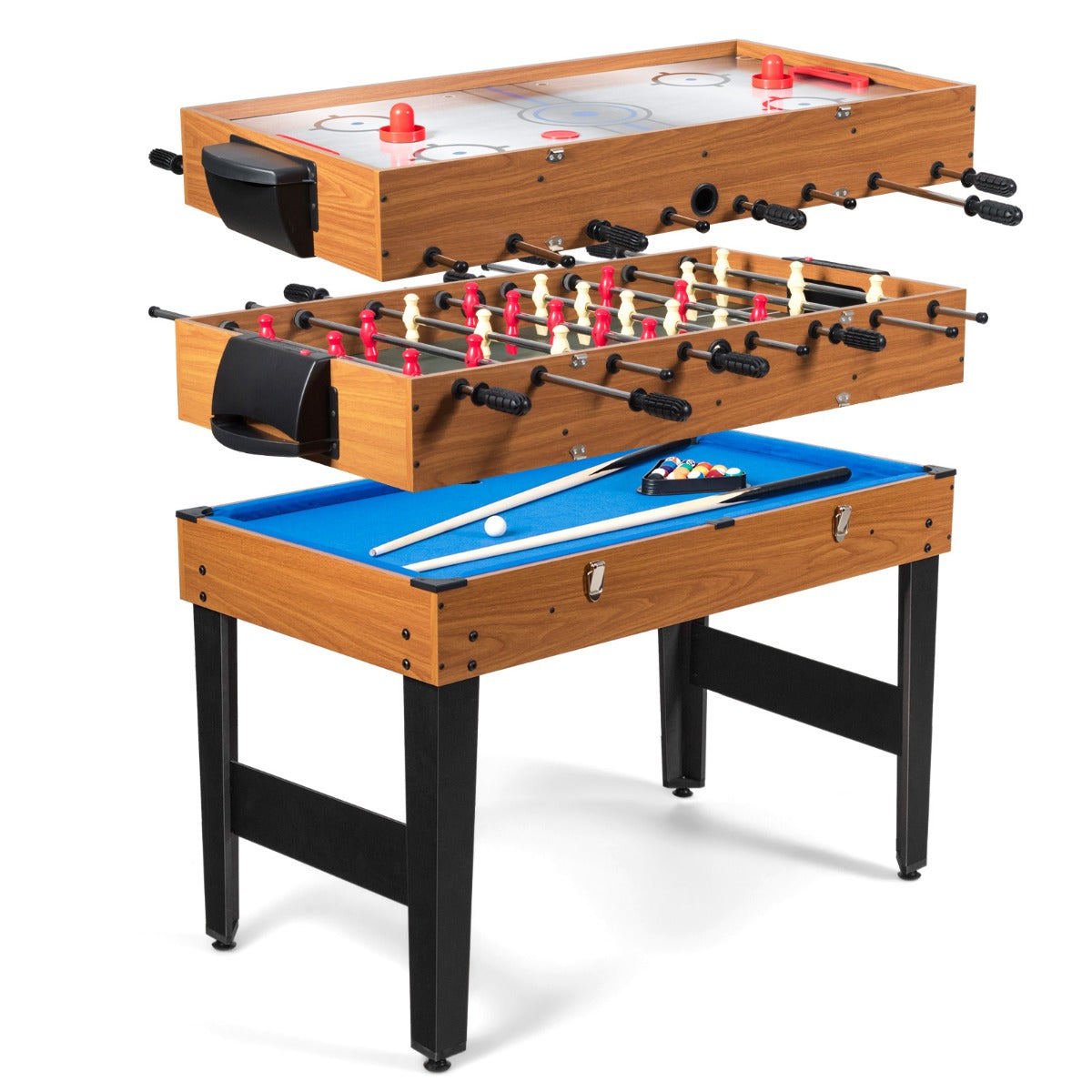 LIVSK Multifunctionele Speeltafel - Biljart, Airhockey, Tafelvoetbal - Inclusief Accessoires - 123 x 58 x 83 cm - Bruin