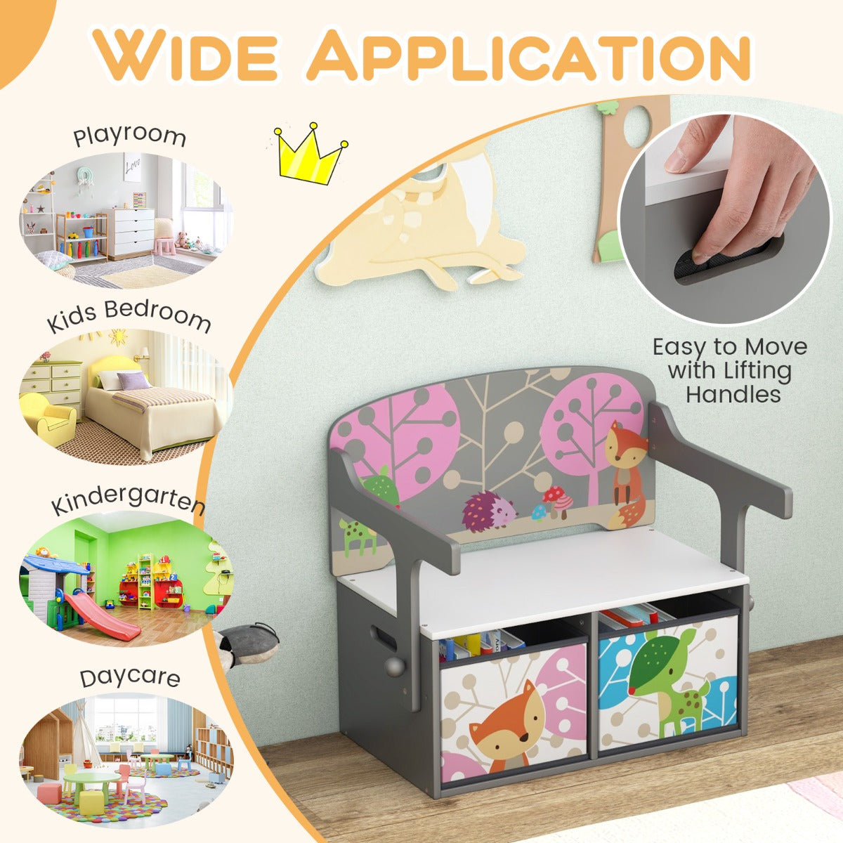 LIVSK 3-in-1 Activiteitenbank voor Kinderen - Tafel en Stoelset met Opbergbakken - Duurzaam MDF - Tot 60 kg - Grijs