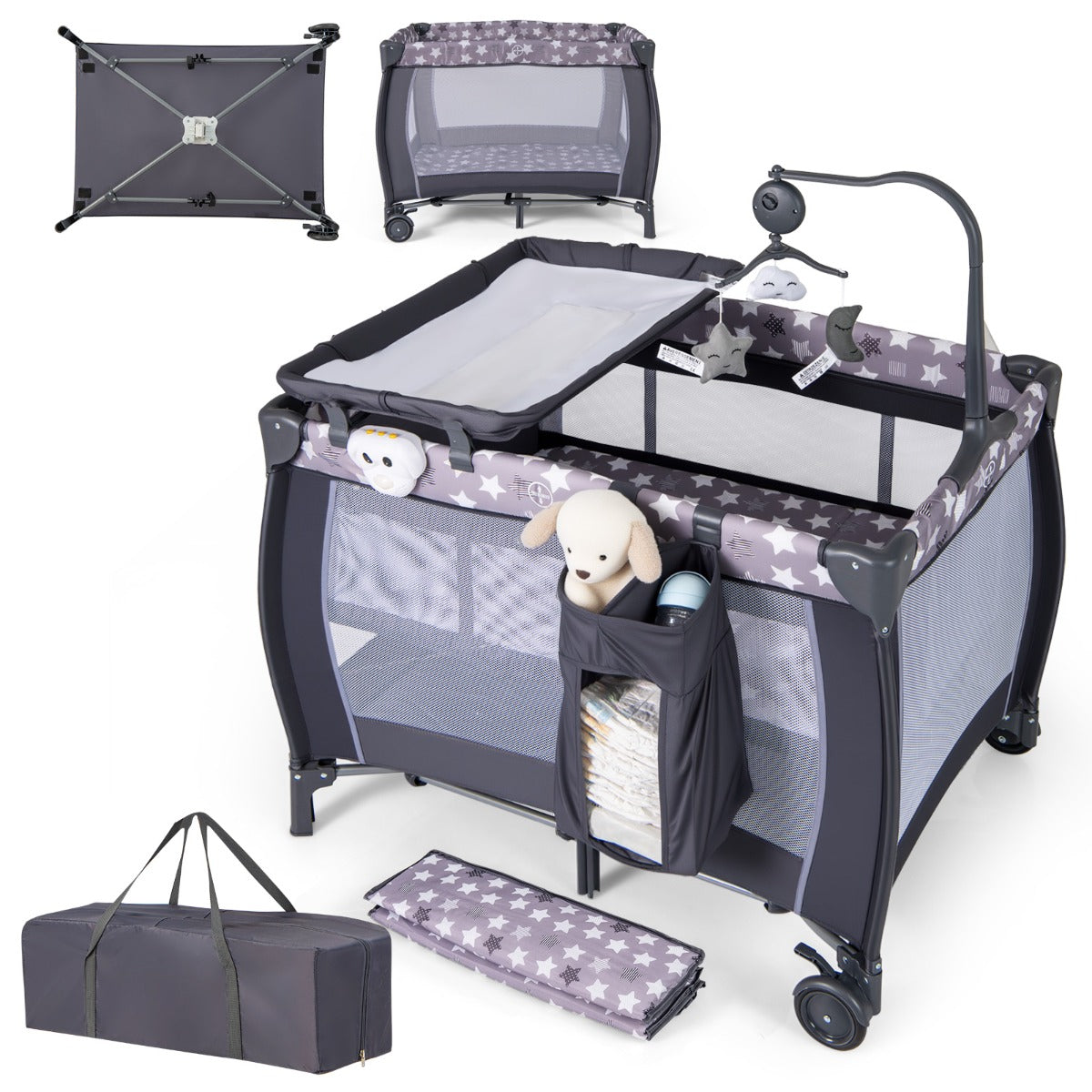 LIVSK Multifunctioneel Babyreisbed - Wieg, Verschoontafel en Speelhek - Inclusief Matras en Hangspeelgoed - Grijs