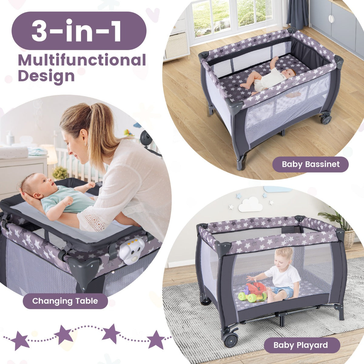 LIVSK Multifunctioneel Babyreisbed - Wieg, Verschoontafel en Speelhek - Inclusief Matras en Hangspeelgoed - Grijs
