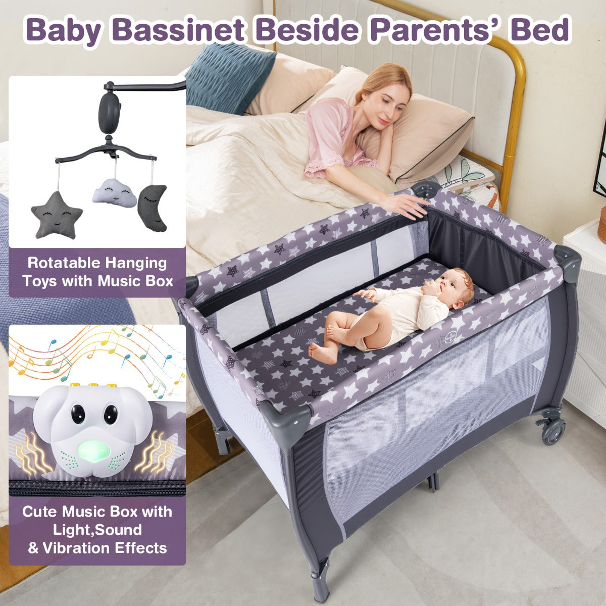 LIVSK Multifunctioneel Babyreisbed - Wieg, Verschoontafel en Speelhek - Inclusief Matras en Hangspeelgoed - Grijs