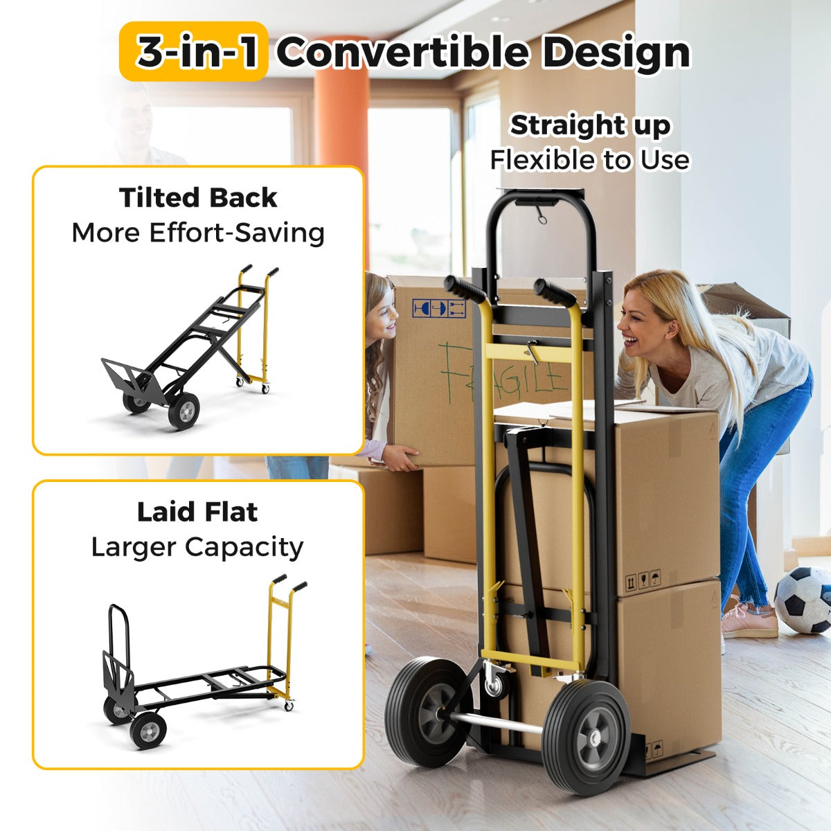 Livsk costway 3 in 1 opvouwbare metalen trolley met 4 rubberen wielen stevige transport trolley 450 kg capaciteit converteerbare trolley voor magazijn thuis 5