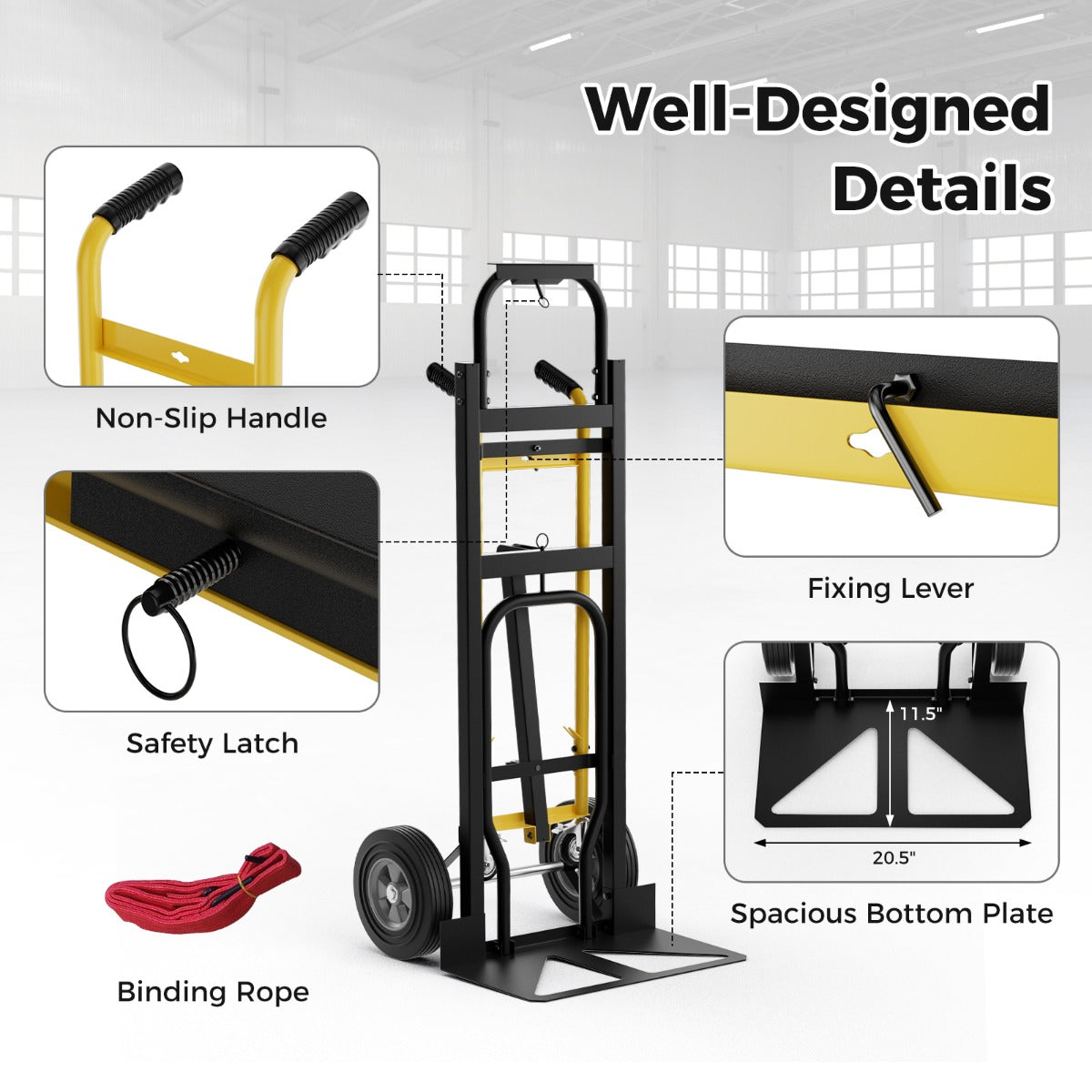 Livsk costway 3 in 1 opvouwbare metalen trolley met 4 rubberen wielen stevige transport trolley 450 kg capaciteit converteerbare trolley voor magazijn thuis 6