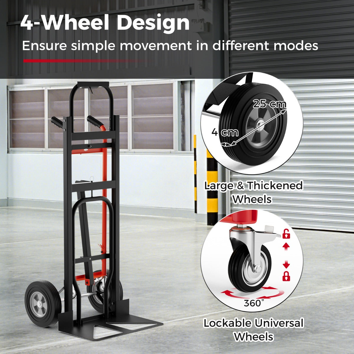 Livsk costway 3 in 1 opvouwbare metalen trolley met 4 rubberen wielen stevige transport trolley 450 kg capaciteit converteerbare trolley voor magazijn thuis rood 3
