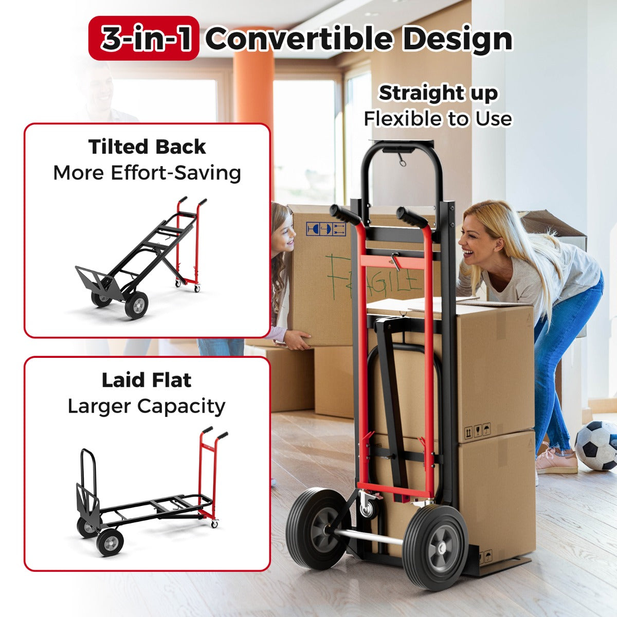Livsk costway 3 in 1 opvouwbare metalen trolley met 4 rubberen wielen stevige transport trolley 450 kg capaciteit converteerbare trolley voor magazijn thuis rood 5