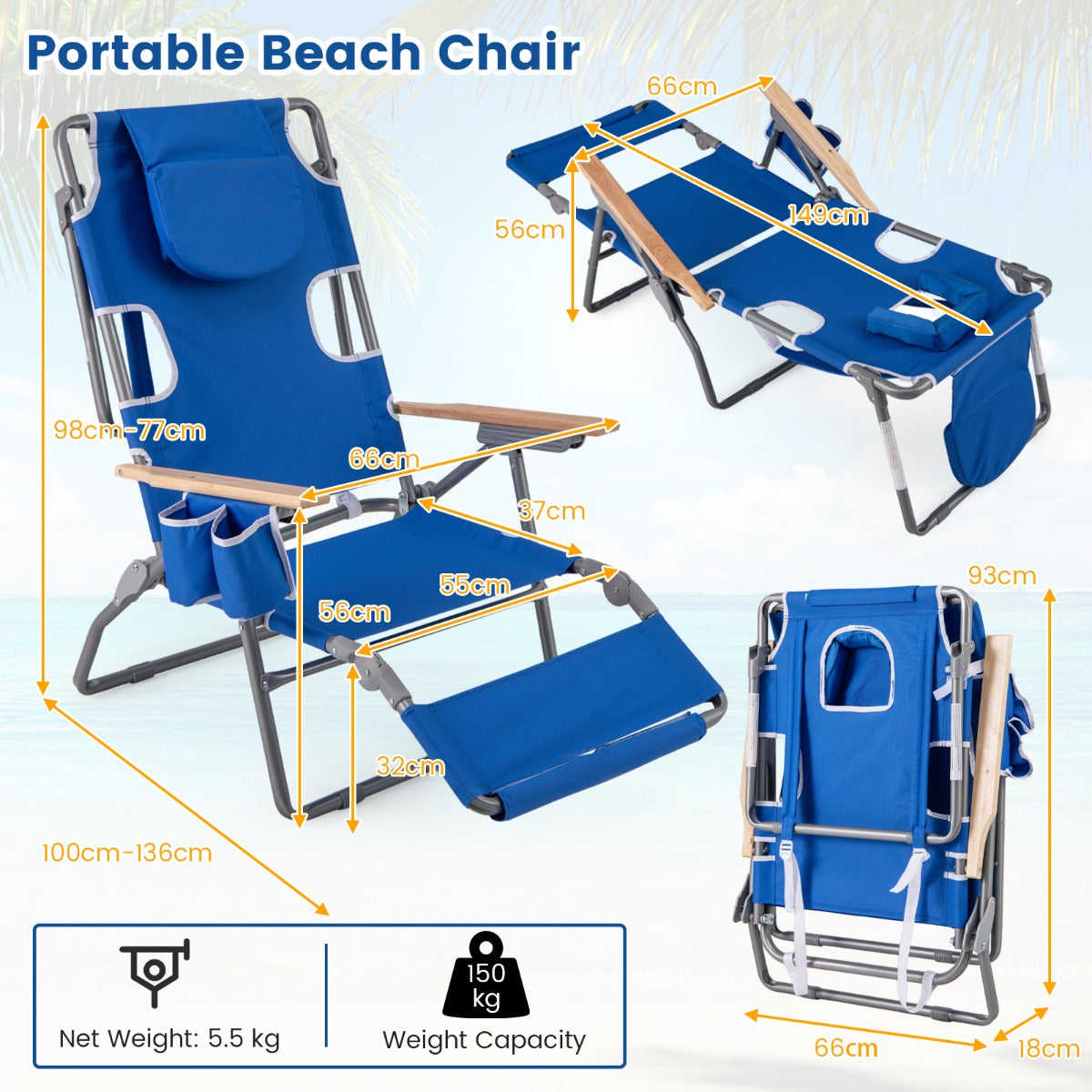 LIVSK 3-in-1 Strandstoel - Opvouwbaar met Verstelbare Rugleuning en Voetsteunen - Lichtgewicht - Voor Strand en Camping -