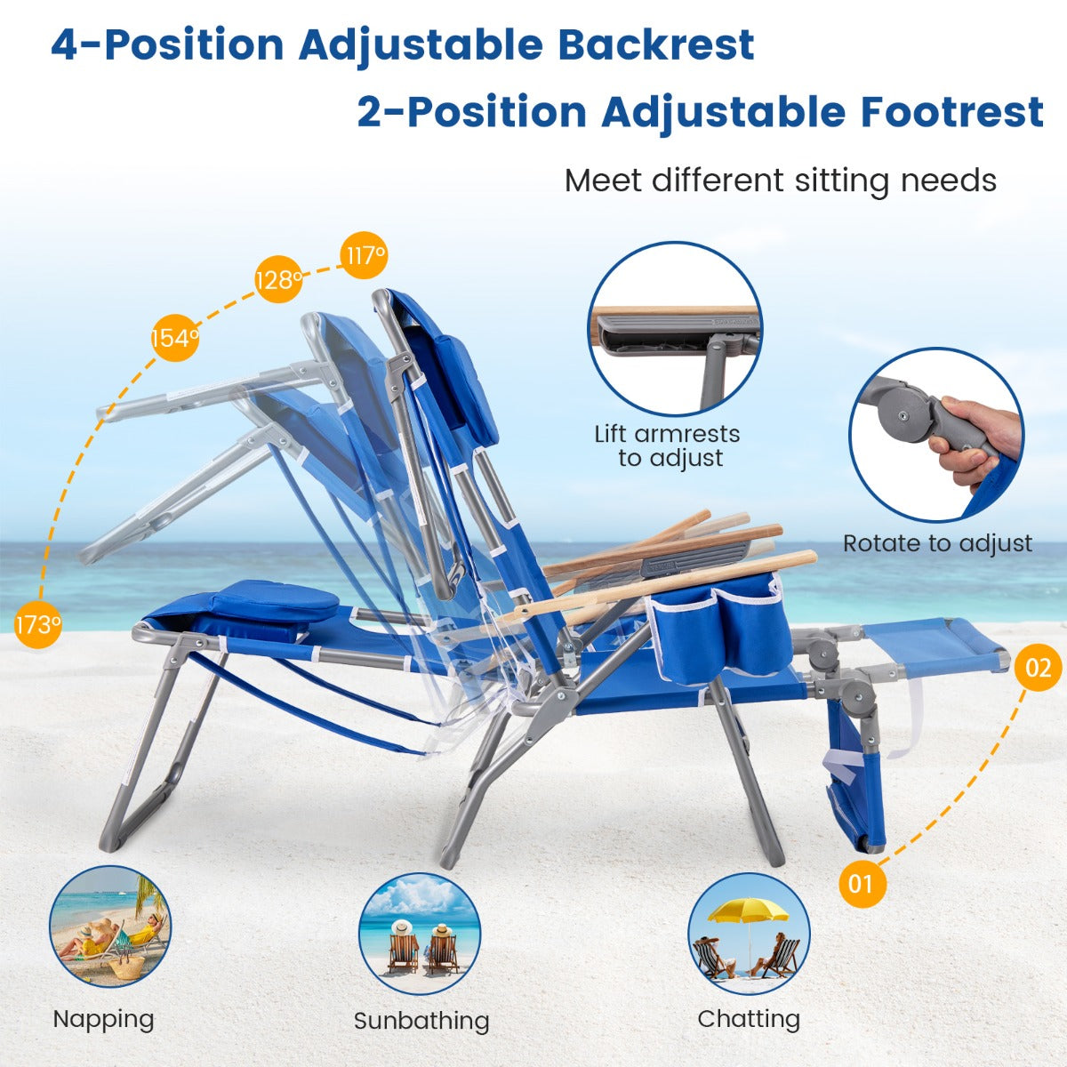 LIVSK 3-in-1 Strandstoel - Opvouwbaar met Verstelbare Rugleuning en Voetsteunen - Lichtgewicht - Voor Strand en Camping -