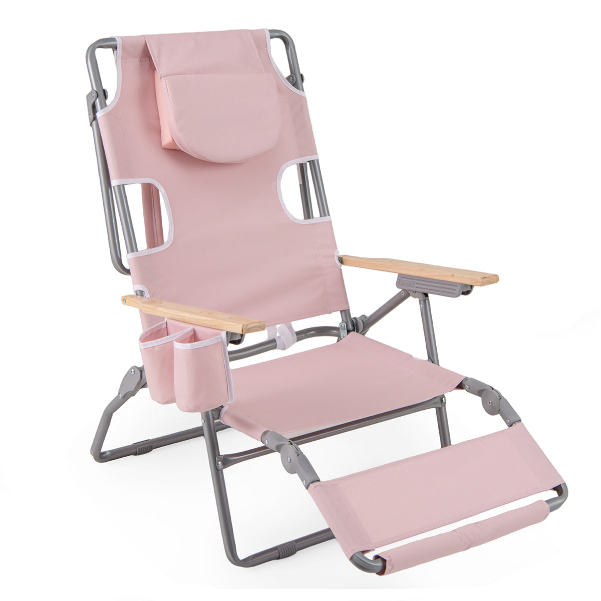 LIVSK 3-in-1 Strandstoel - Verstelbare Rugleuning - Opvouwbaar en Draagbaar - Bekerhouder en Handdoekhouder - Tot 150 kg - Roze