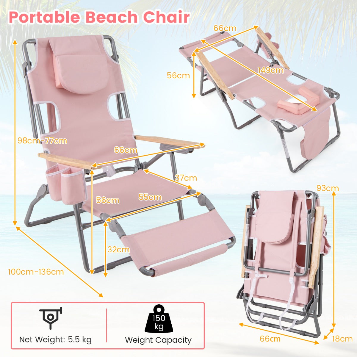 LIVSK 3-in-1 Strandstoel - Verstelbare Rugleuning - Opvouwbaar en Draagbaar - Bekerhouder en Handdoekhouder - Tot 150 kg - Roze