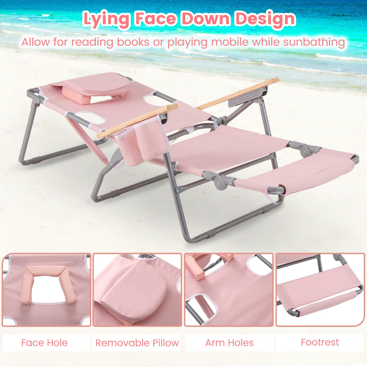 LIVSK 3-in-1 Strandstoel - Verstelbare Rugleuning - Opvouwbaar en Draagbaar - Bekerhouder en Handdoekhouder - Tot 150 kg - Roze