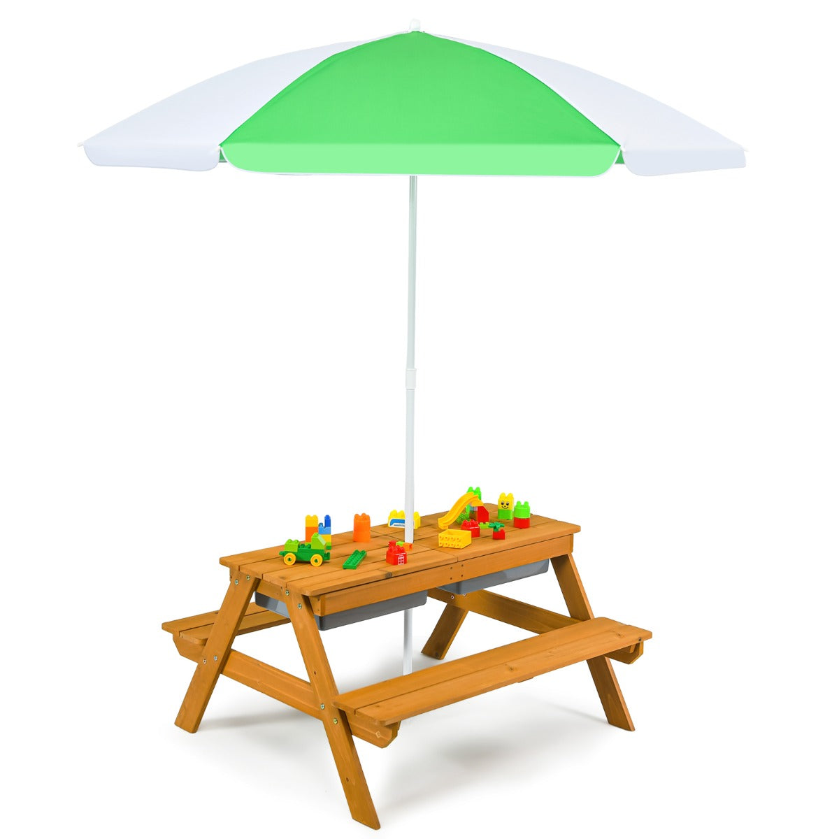 LIVSK 3-in-1 Kinderpicknicktafel - Om te bouwen tot Watertafel of Zandtafel - Afneembare Parasol - Voor 3-7 jaar - Natuurlijk+Wit