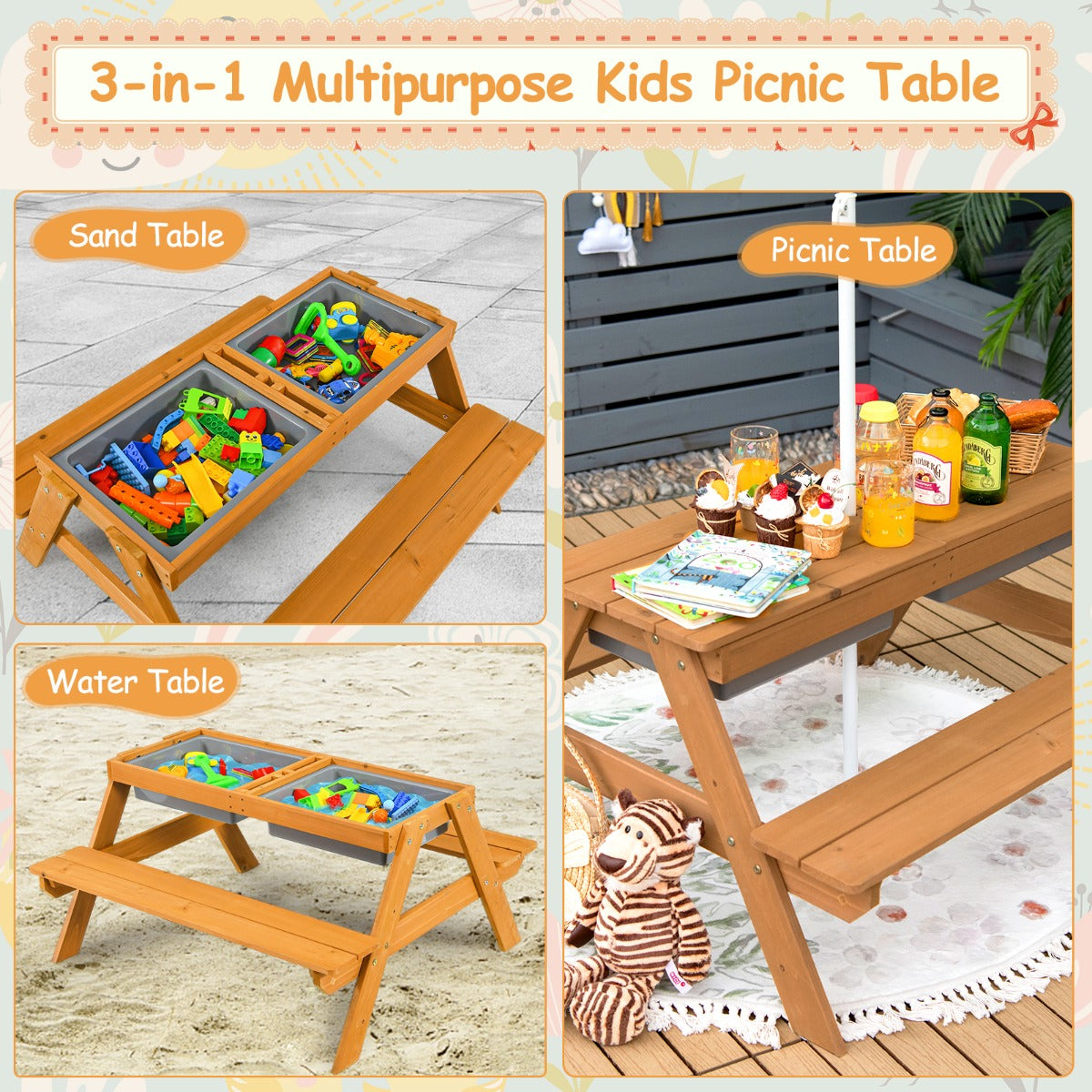 LIVSK 3-in-1 Kinderpicknicktafel - Om te bouwen tot Watertafel of Zandtafel - Afneembare Parasol - Voor 3-7 jaar - Natuurlijk+Wit