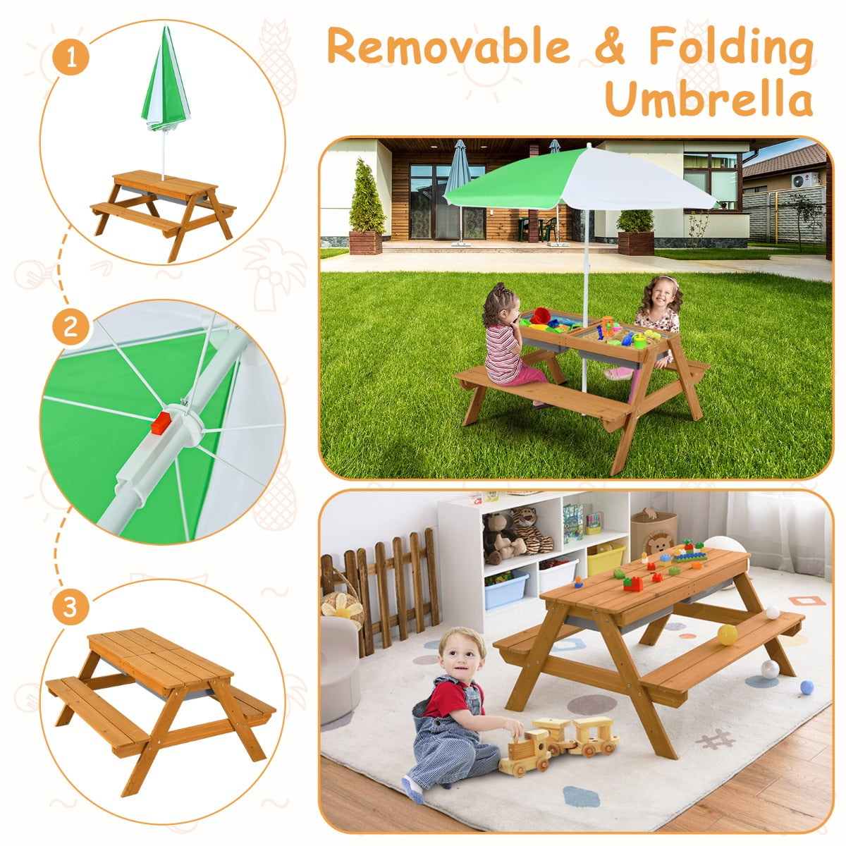 LIVSK 3-in-1 Kinderpicknicktafel - Om te bouwen tot Watertafel of Zandtafel - Afneembare Parasol - Voor 3-7 jaar - Natuurlijk+Wit