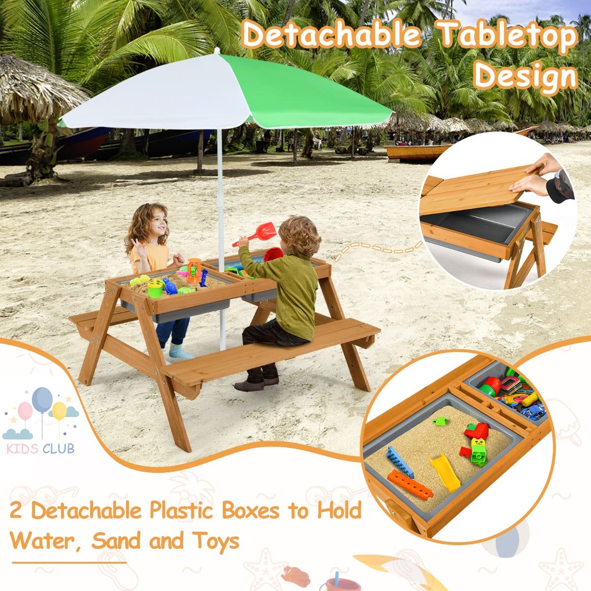LIVSK 3-in-1 Kinderpicknicktafel - Om te bouwen tot Watertafel of Zandtafel - Afneembare Parasol - Voor 3-7 jaar - Natuurlijk+Wit